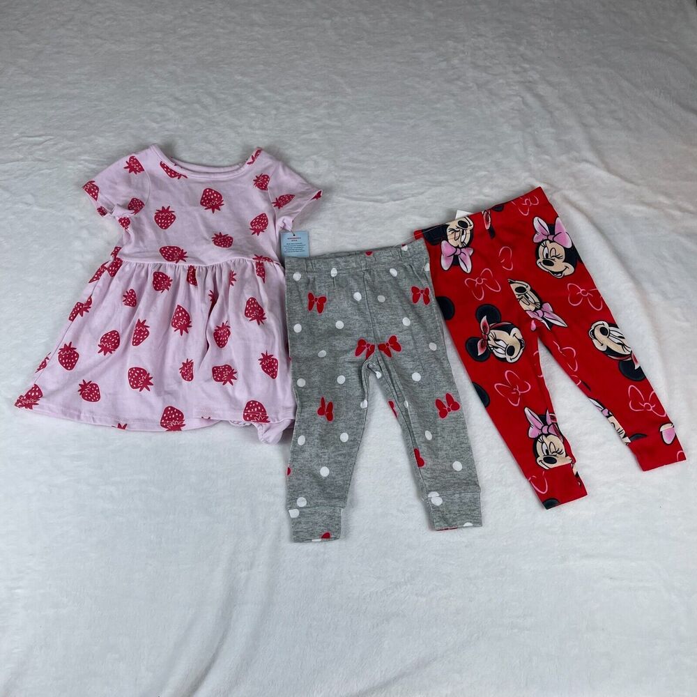 Cat & Jack 3 Pcs Dress & Pajama Set Toddler Girls 18M Pink Strawberry Soft‎